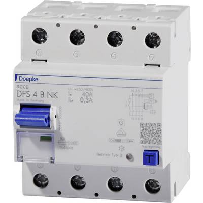 FI-switch 'Doepke DFS 4 B NK' för 230/400V, 40A, 0,3A. Vitt hölje med blå testknapp.