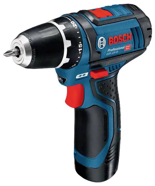 En blå Bosch batteridriven skruvdragare med röd knapp, lämplig för professionella användningsområden. Enheten är sladdlös och kompakt.