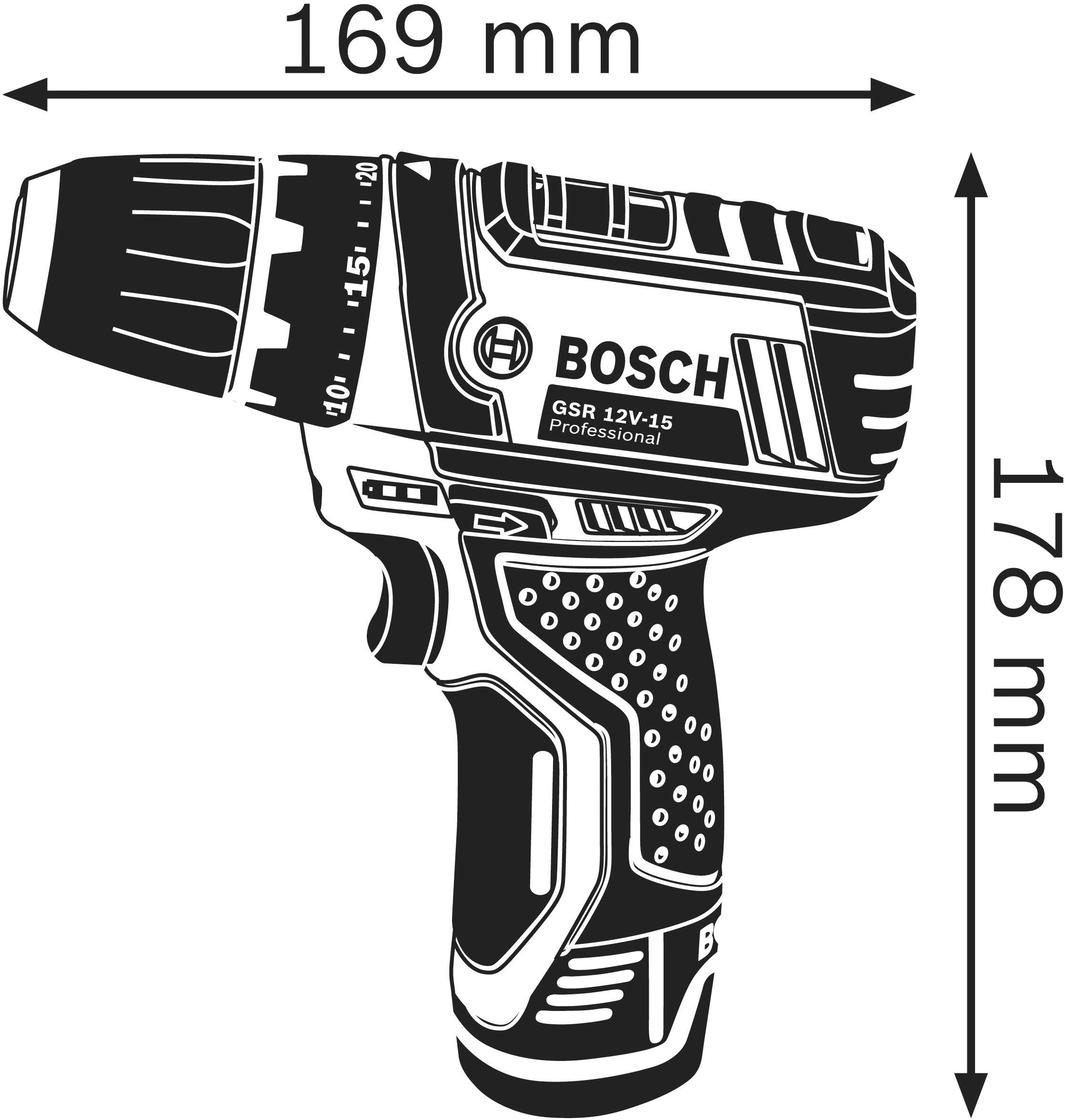 Svart-vit teckning av en Bosch GSR 12V-15 Professional sladdlös skruvdragare med dimensionerna 169 mm bredd och 178 mm höjd.