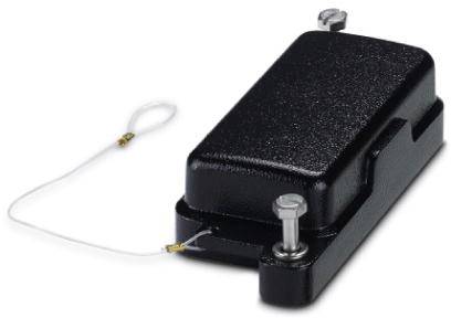 En svart, rektangulär magnetisk switch med en ansluten vit kabel, används för rörelseavkänning.