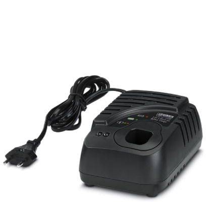 Ett svart batteriladdare med kabel och EU-kontakt, som visar lysande LED-indikatorer för laddningsstatus på ovansidan.