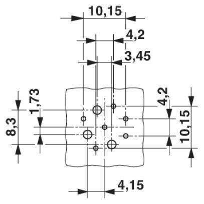 Teknisk teckning av ett fyrkantigt hålmönster med mått: 10,15 mm x 8,3 mm. Kors och cirklar markerar positioner.