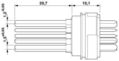 Skiss av en elektrisk kontakt med sex stift, dimensioner: längd 20,7 mm, bredd 10,1 mm, stiftavstånd 1,5 mm.