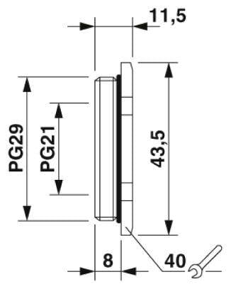 Diagram över en mekanisk komponent med dimensioner: höjd 43,5 mm, bredd 11,5 mm, djup 8 mm; PG29 och PG21 angivna.