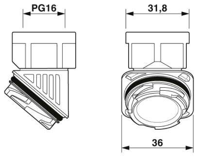 Teknisk ritning av en kabel-skruvningsadapter i två vyer med dimensionsangivelser: ovanför PG16, bredd 31,8 mm, djup 36 mm.