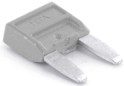 En grå fordonsplatsäkring med två metallkontakter och en ampere-indikator på ovansidan.