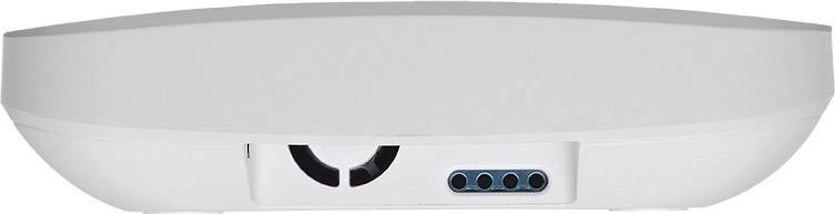 En vit WiFi-router sedd underifrån, med fyra blå ventilationsöppningar och en halvmåneformad fläkt i mitten.