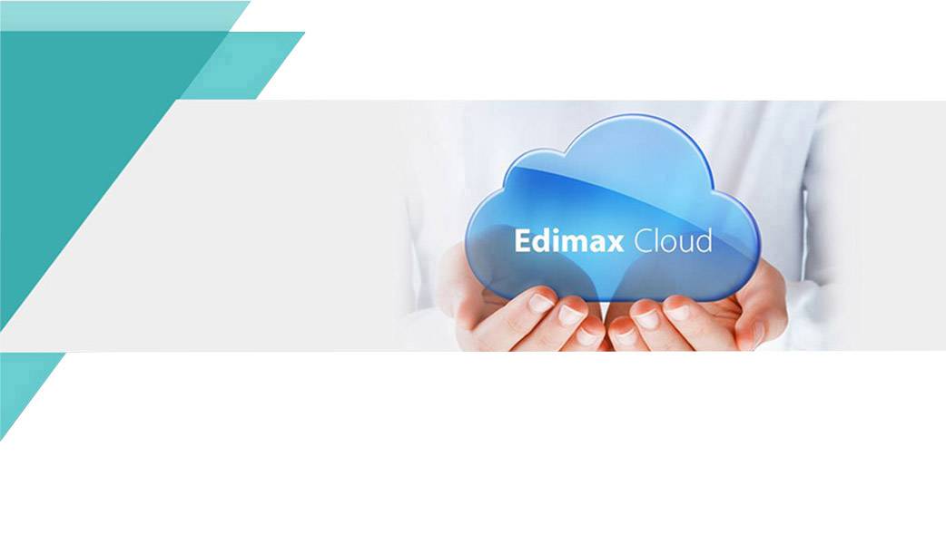 En person håller ett blått molnsymbol med texten 'Edimax Cloud' i handen.