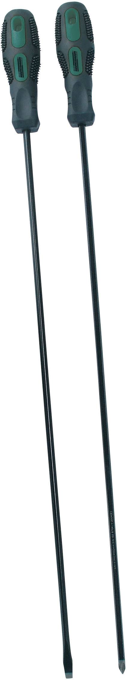 Två långa skruvmejslar med svarta handtag och gröna detaljer; en med flat egg, den andra med krysspår.