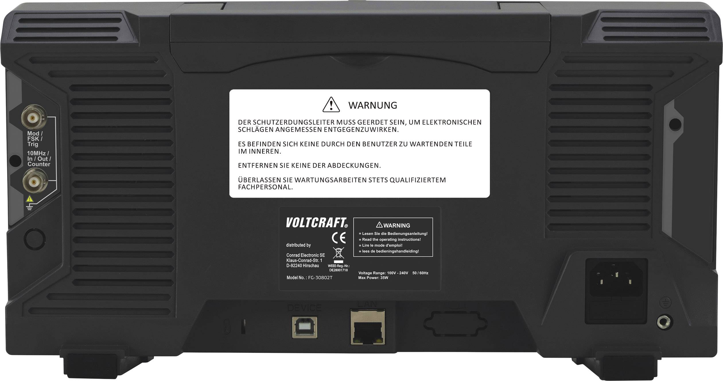 Baksidan av en Voltcraft elektronisk enhet med varningsmeddelanden, anslutningar och ventilationsspår.