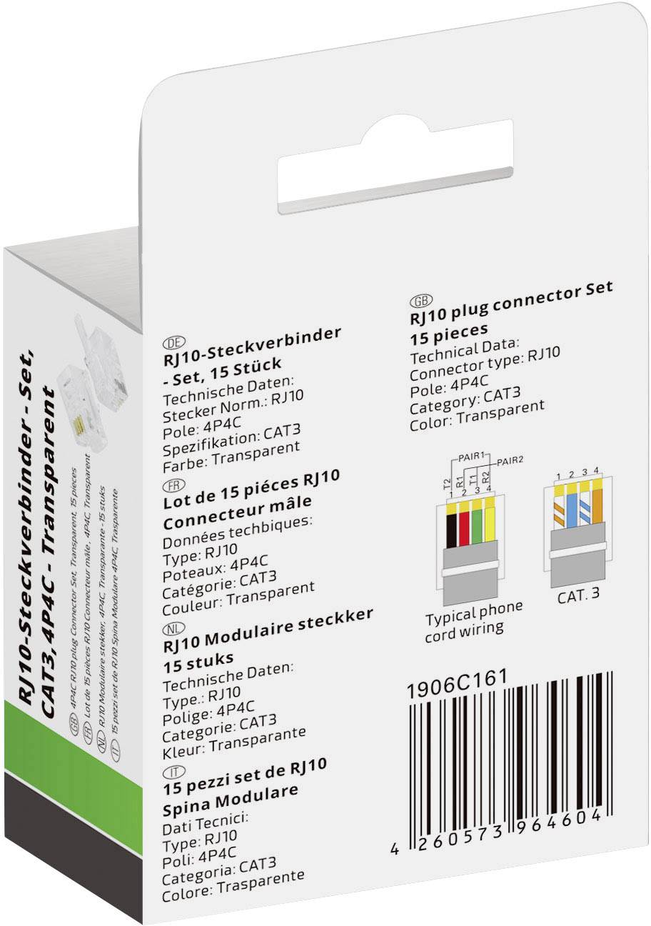 Förpackning av ett RJ10-kontaktsats med 15 stycken, transparent. Tekniska detaljer listade med en färgad anslutningsinstruktion.