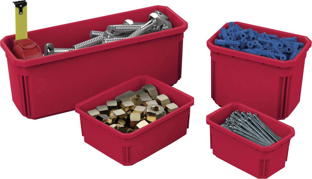 Röda förvaringsboxar med olika metalldelar och blå pluggar, sorterade efter storlek och typ.