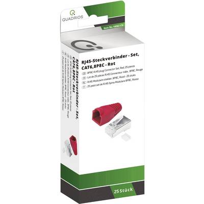 RJ45-kontaktdon-set, CAT6, 8P8C, Röd, 25 stycken. Innehåller röda nätverkscontakter och silvriga metallanslutningar.