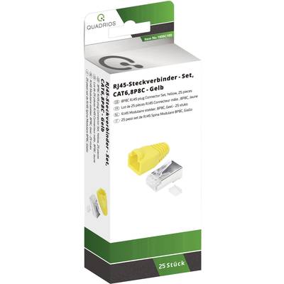 RJ45-kontaktdon set i gult för CAT6, 25 stycken, på vit förpackning med produktdetaljer på olika språk.