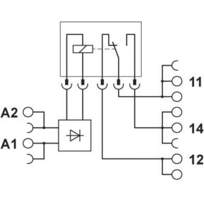 Reläschema med anslutningar A1, A2 och omkopplare till 11, 14, 12. Diod mellan A1 och A2. Grafisk representation av kopplingen.