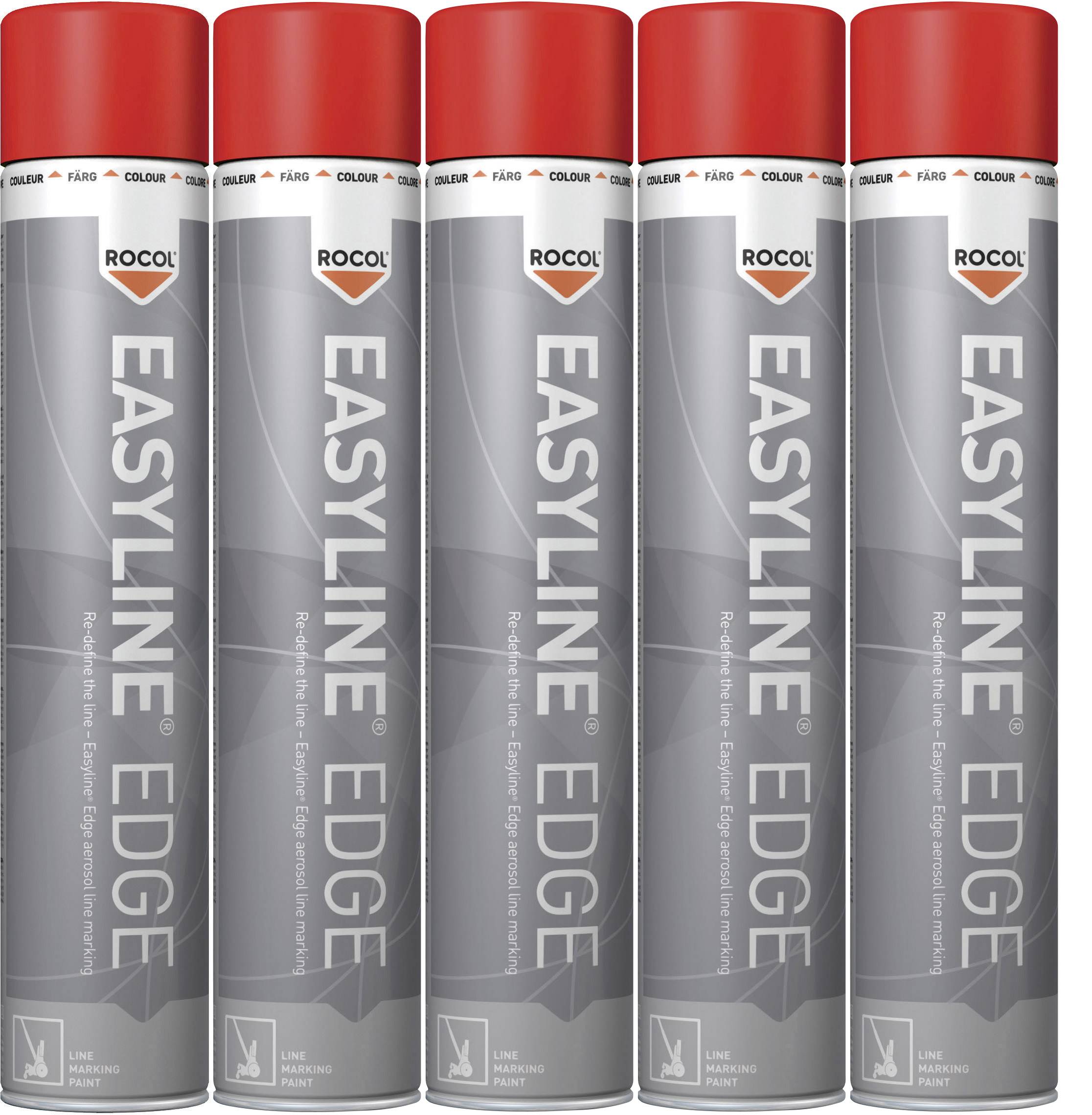 Fem röda burkar märkta 'EASYLINE EDGE' uppställda på rad. De innehåller färgspray för industriella användningsområden.