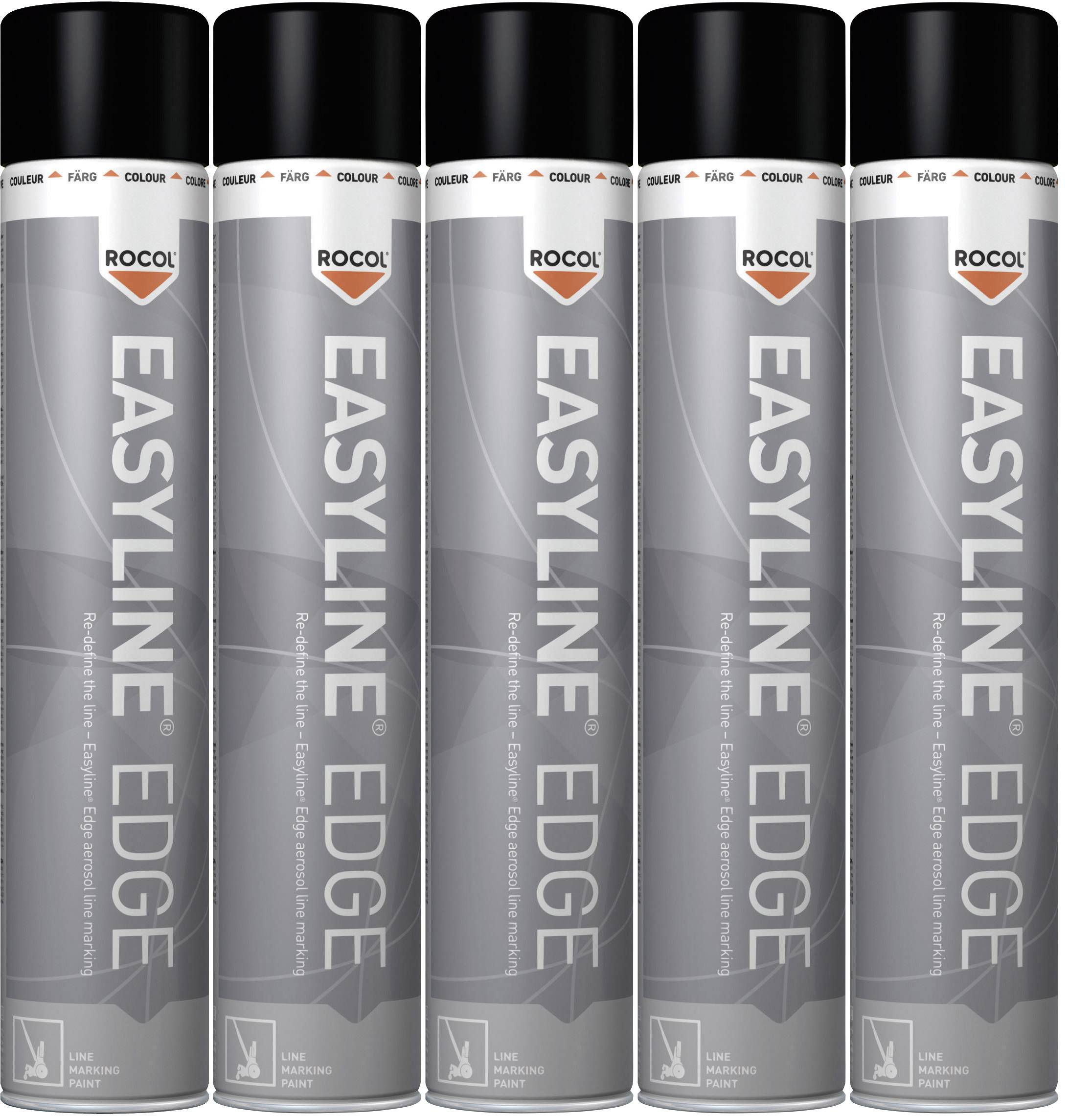 'Rocol Easyline Edge' sprayburkar, stående bredvid varandra, visar etikett och logotyp. Produkt för golvmarkeringar.