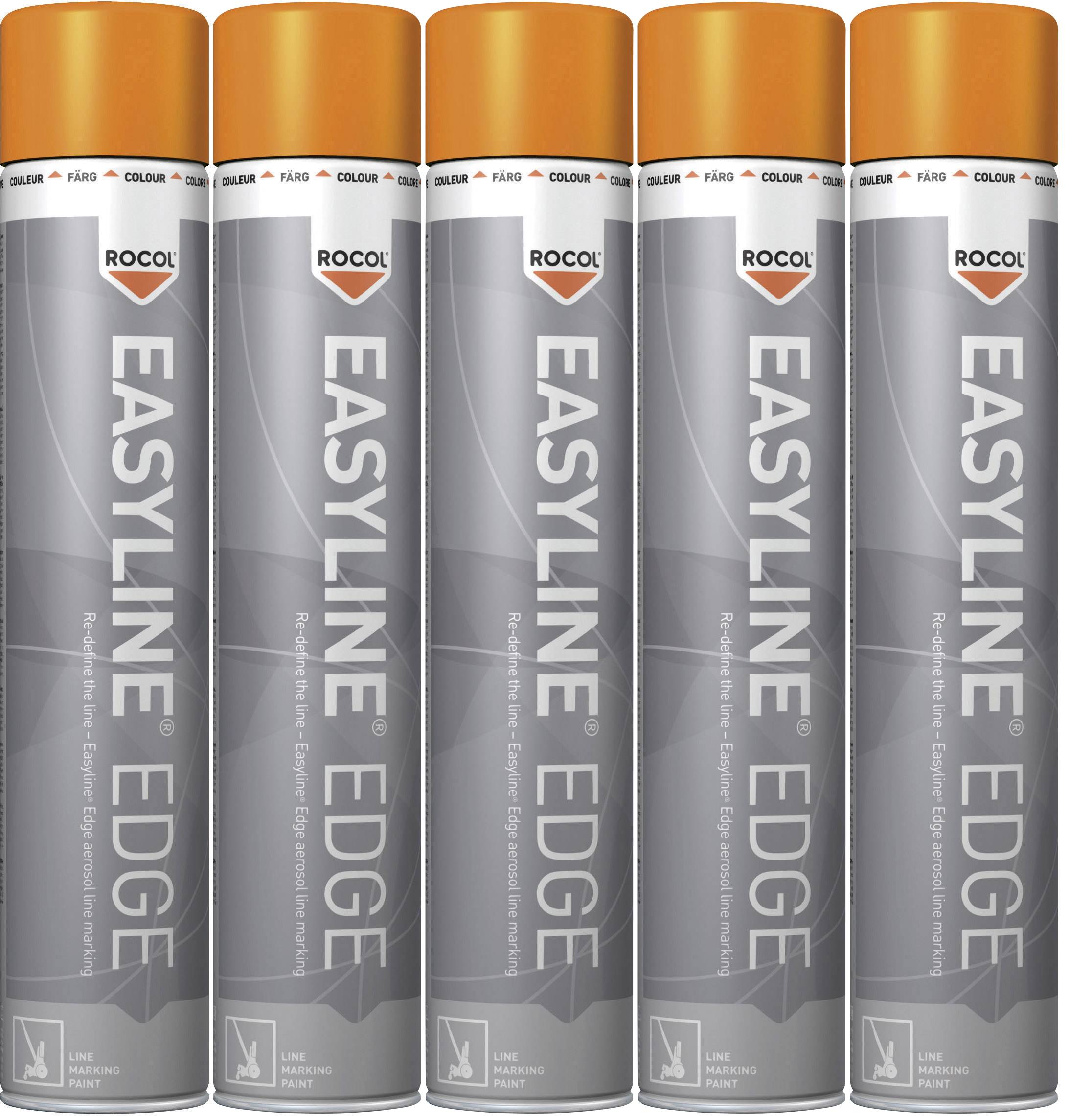Fem sprejburkar som står bredvid varandra med orange lock och texten 'EASYLINE EDGE' i stora bokstäver.