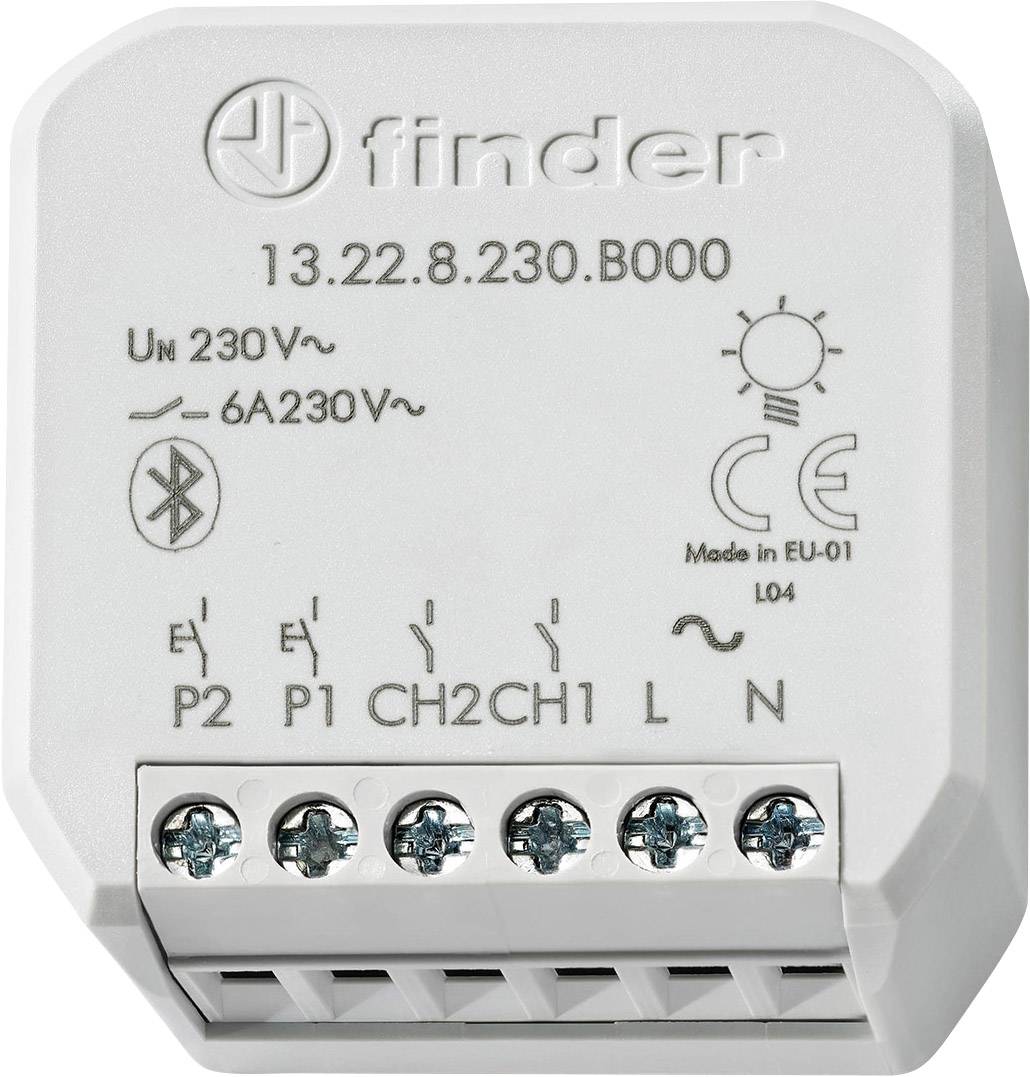 Vit elektrisk komponent med inskriften 'Finder' och tekniska specifikationer. Anslutningar och symboler för anslutning är synliga.