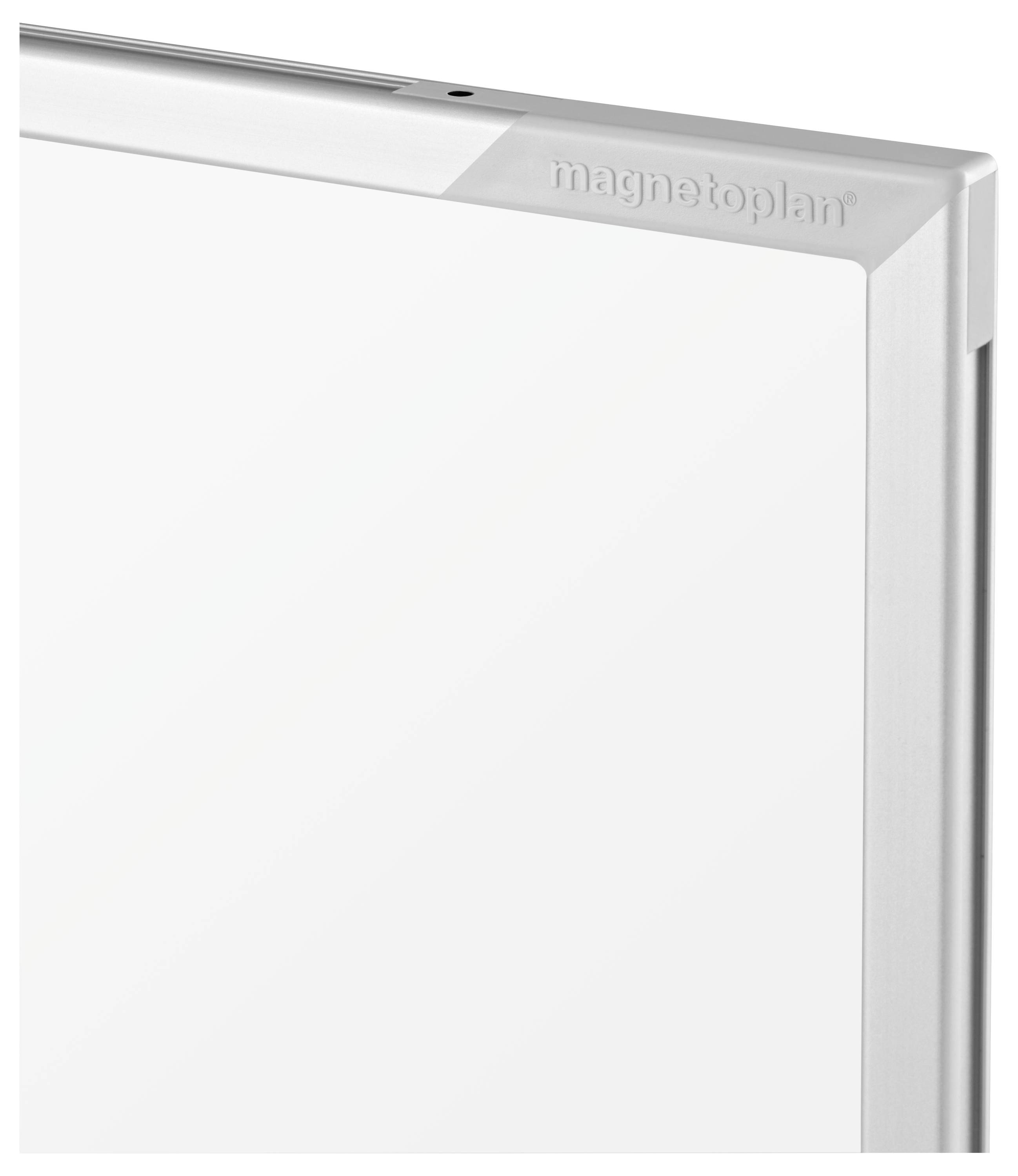 Vit magnetisk glastavla med silver aluminiumram, visad i närbild på vit bakgrund, märkt "magnetoplan".
