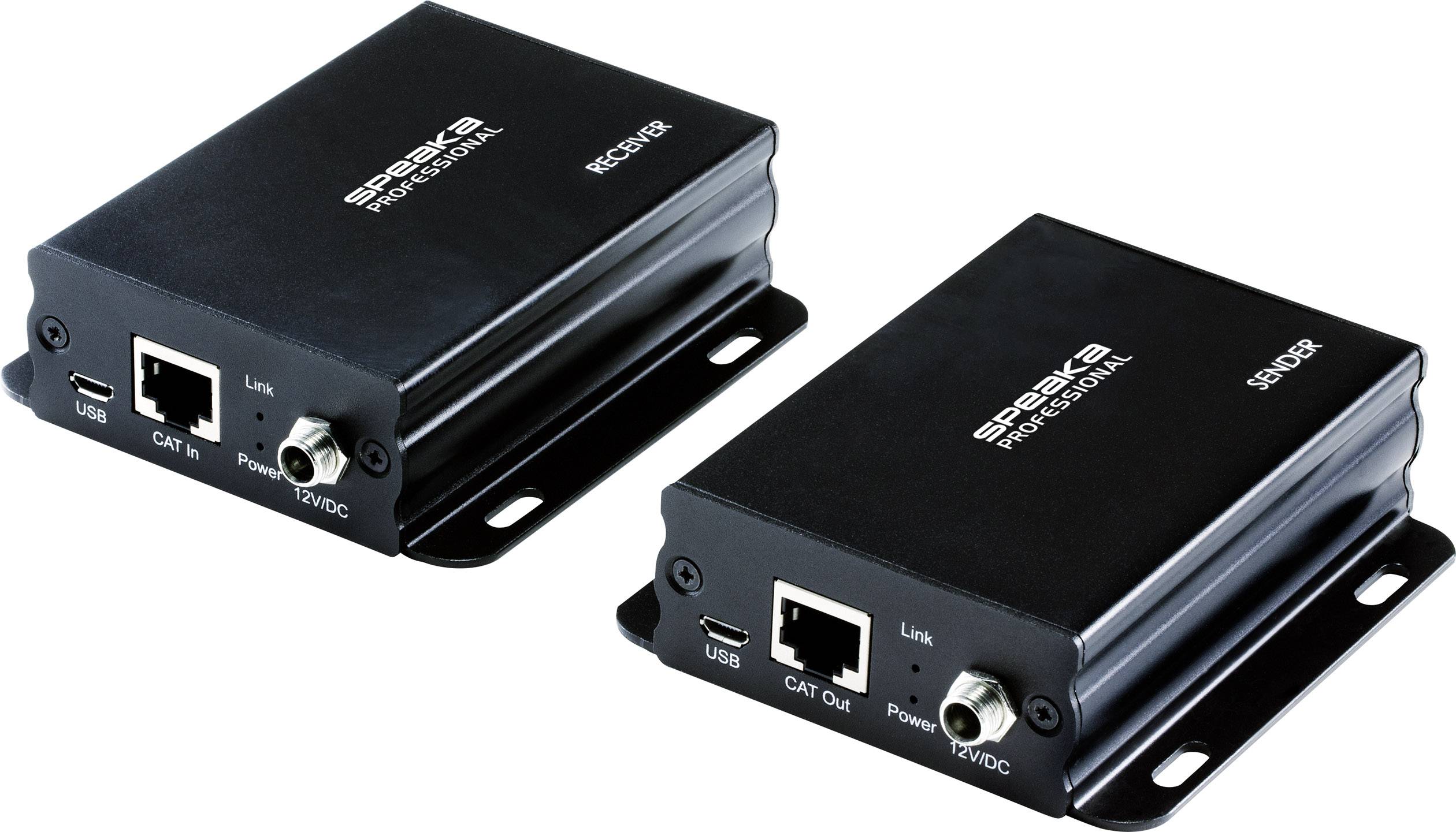 Två små svarta elektroniska enheter märkta 'SPEXER'. De har anslutningar för USB, CAT och strömförsörjning.