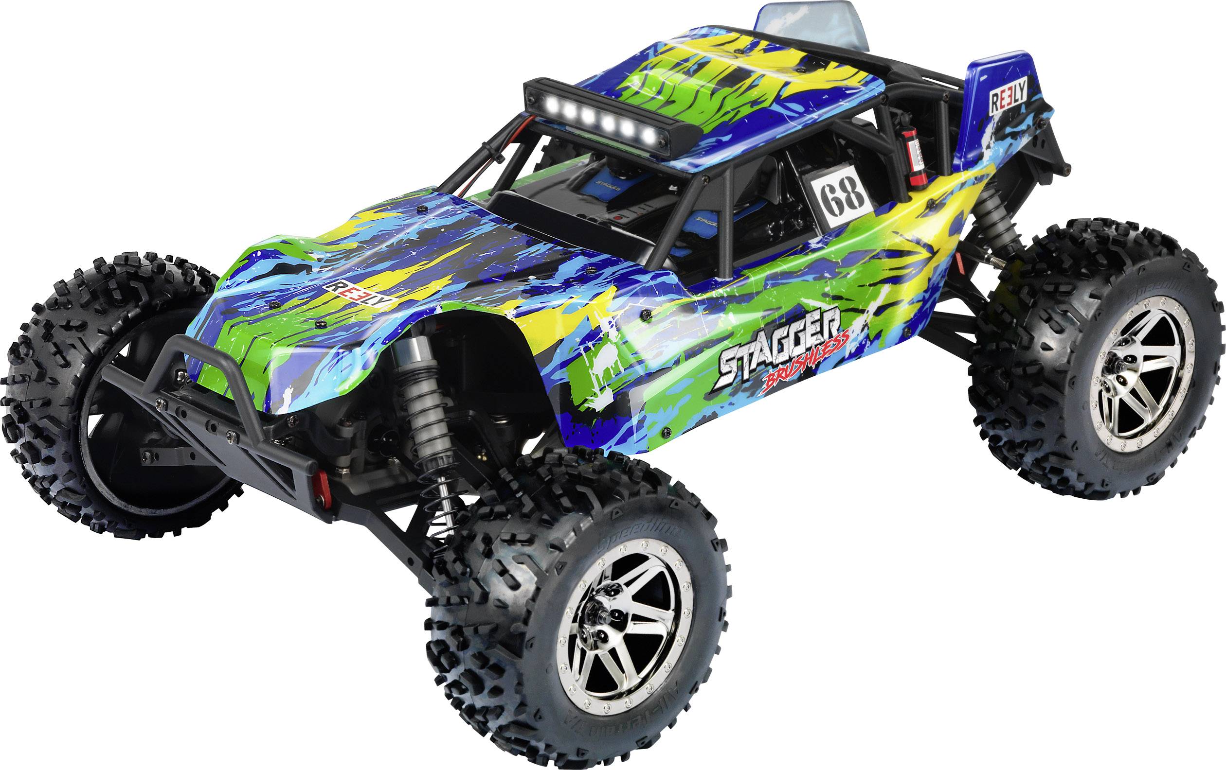 Reely Stagger Borstlös motor 1:10 RC modellbil Elektrisk Buggy Fyrhjulsdrift (4WD) 100% RtR 2,4 GHz inkl. batteri, laddare och sändarbatterier, inkl. Brushless-Combo