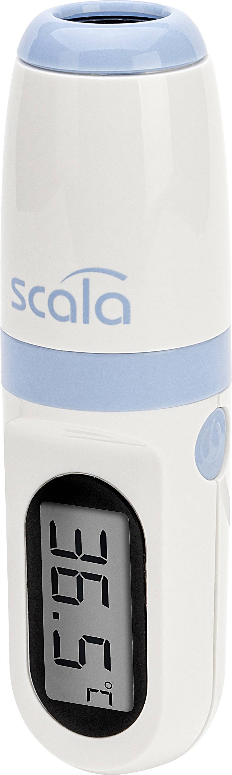 Digitalt termometer med visning av '36,2°C', kompakt modell, vit-blå design, märke Scala.