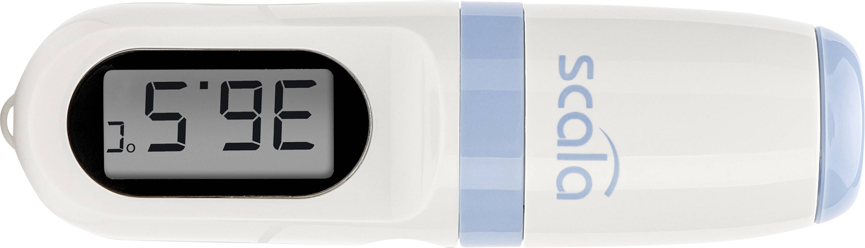 Digitalt febertermometer med stor LCD-skärm som visar '5:9E'. Rektangulär form, vit med ljusblå detaljer.