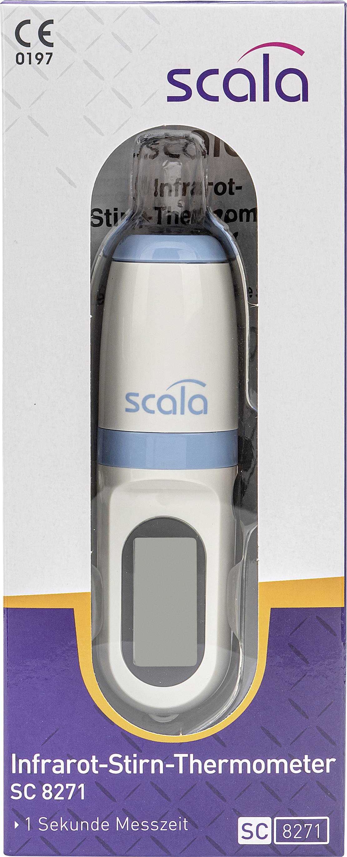 Infraröd pannetermometer Scala SC 8271, avbildat i förpackningen med hänvisning till 1 sekunds mättid.