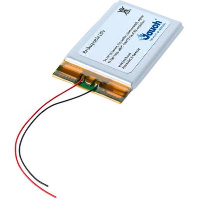 Ett rektangulärt litium-polymer-batteri med röda och svarta anslutningsledningar. Varumärke och tekniska detaljer är tryckt på ytan.