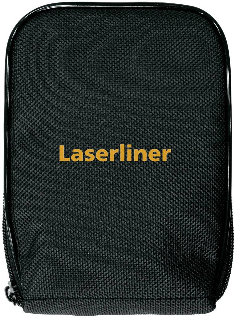 Svart, strukturerad väska med gul 'Laserliner'-logotyp på framsidan.