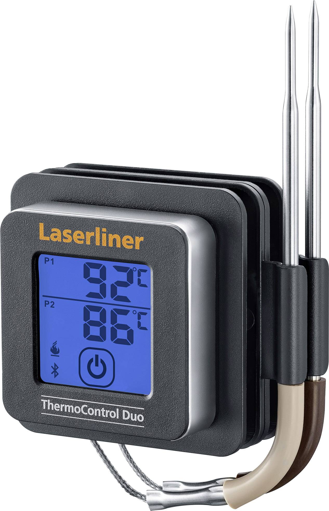 Ett digitalt termometer med två metallsonder och en blå display som visar temperaturer på 92°C och 86°C, märkt med 'Laserliner'-varumärket.