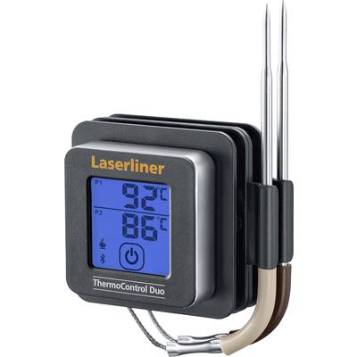 Ett digitalt termometer med två metallsonder och en blå display som visar temperaturer på 92°C och 86°C, märkt med 'Laserliner'-varumärket.