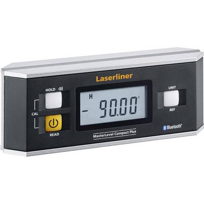 En digital mätare 'Laserliner MasterLevel Compact Plus' visar en mätning på -90,00°. Den har Bluetooth-anslutning.