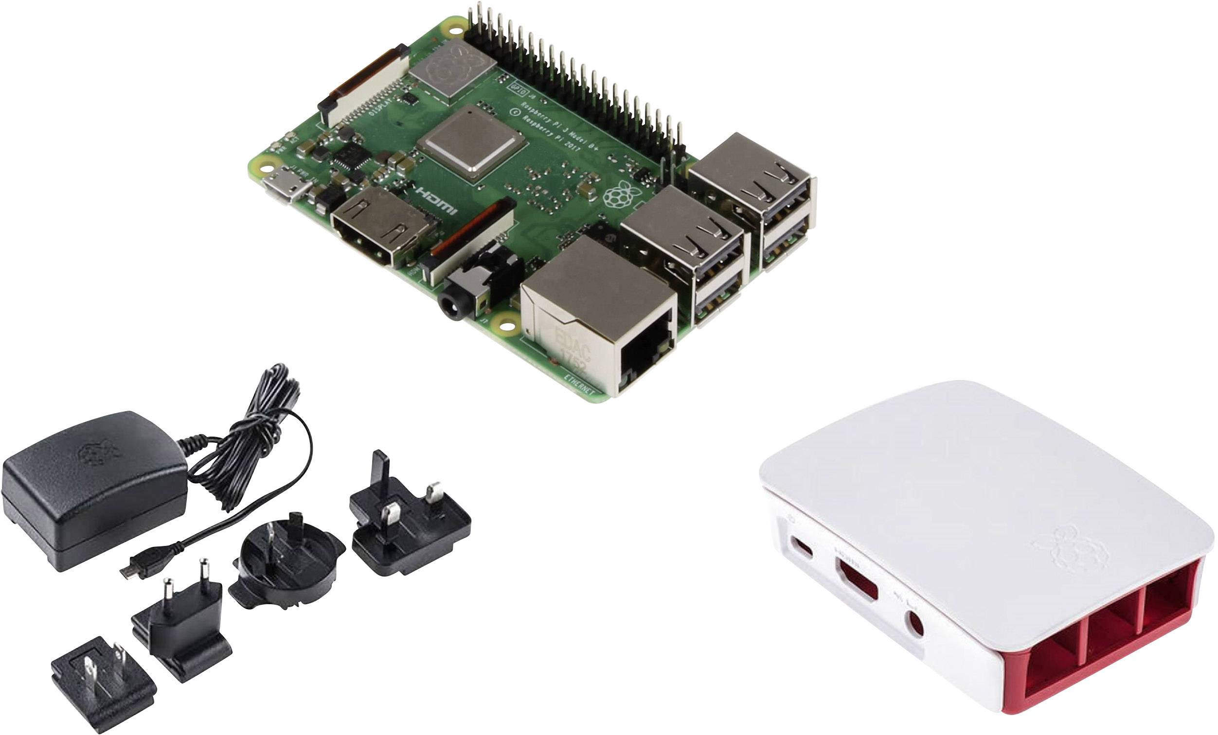 Raspberry Pi enplatssdator med nätadapter, flera internationella adapterpluggar och ett vitt och rött hölje.