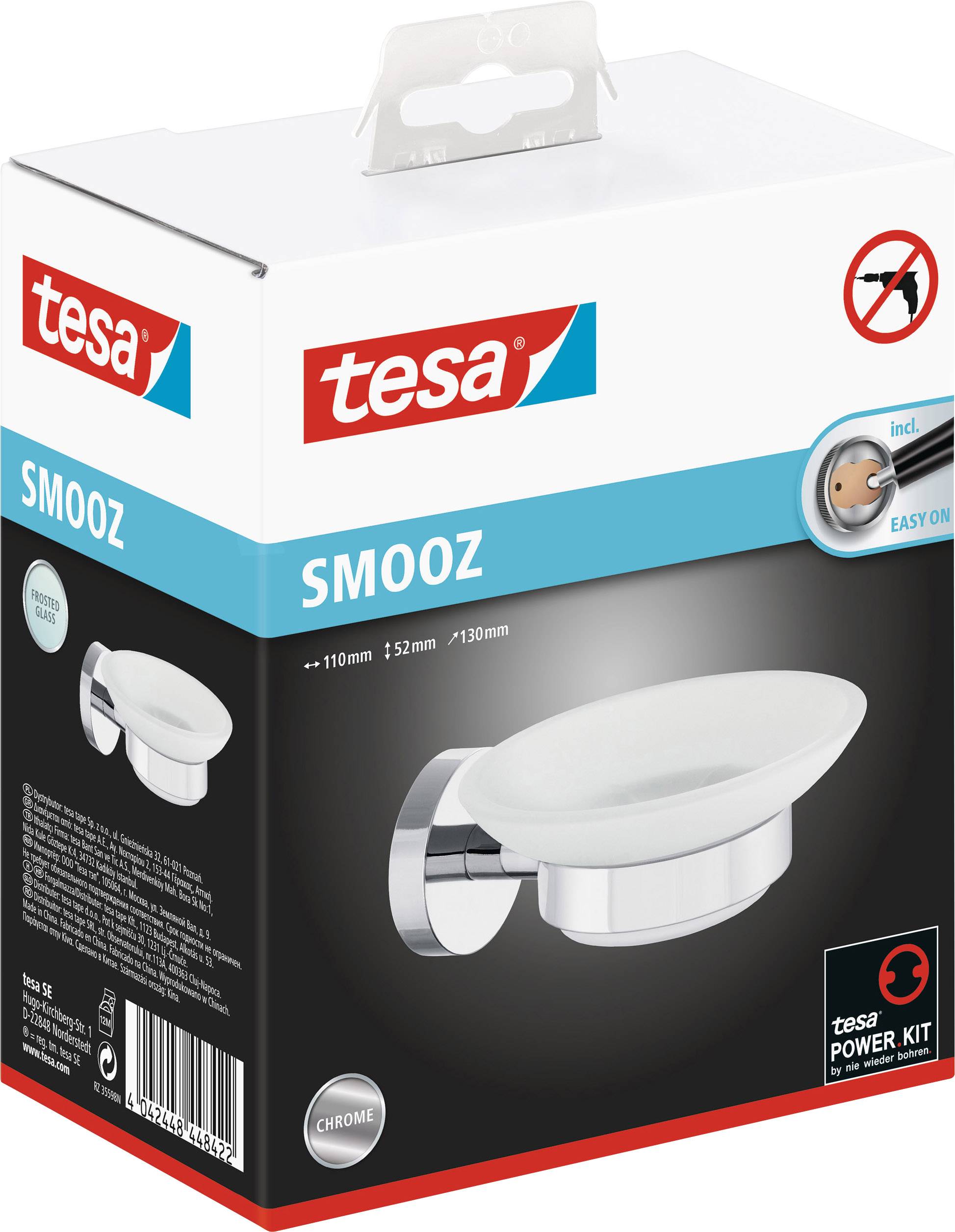 Förpackning för 'tesa SMOOZ' tvålkopp, kromfärgad. Innehåller tecSystem Power.Kit och enkel instruktion för montering utan borrning.