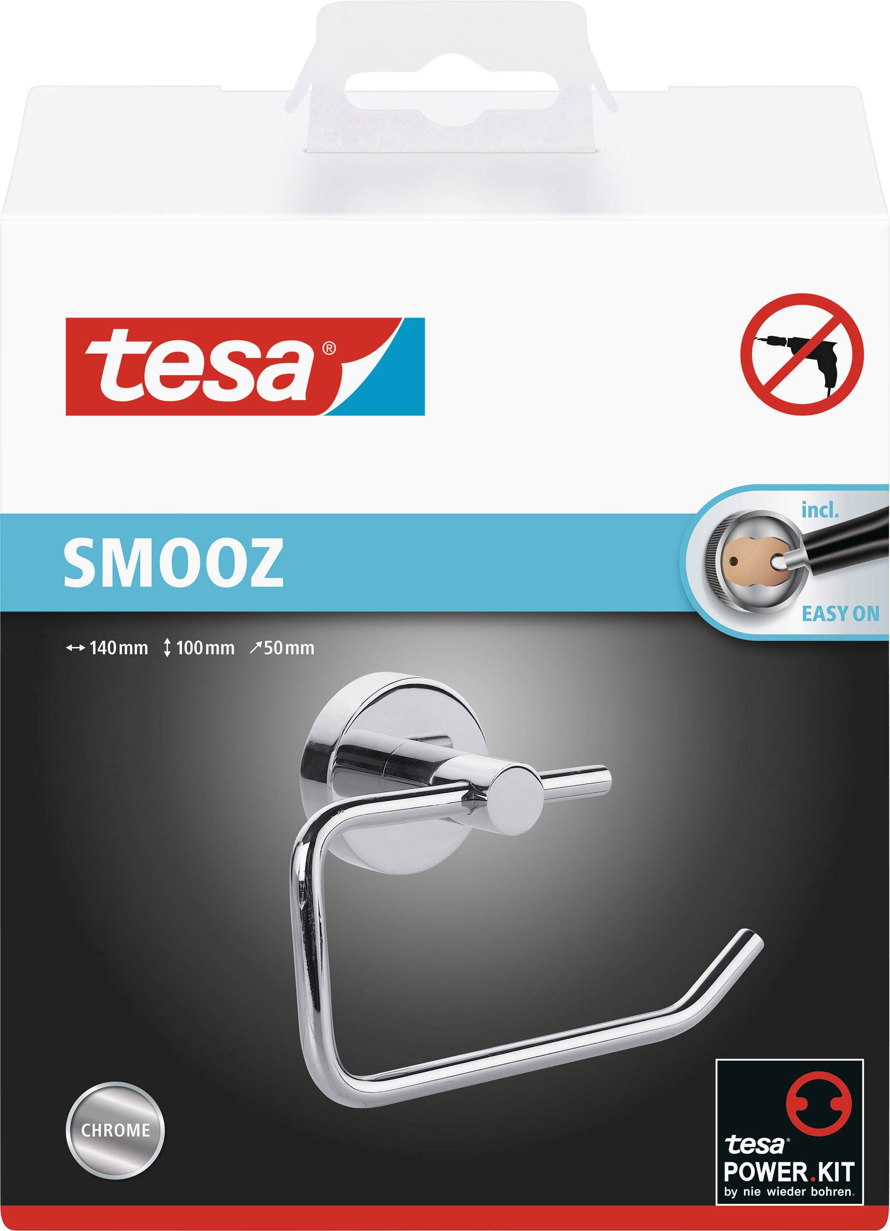 Förpackning för en förkromad toalettpappershållare från Tesa, modell SMO0Z, med Power Kit för enkel montering utan borrning.