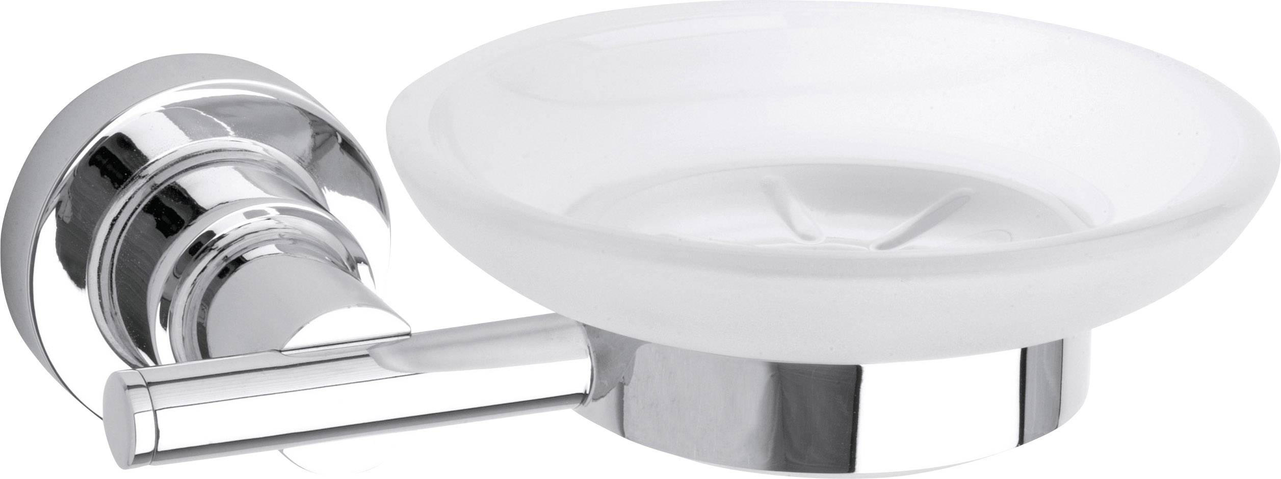 Tvålkopp av matterat glas med kromfärgat fäste, väggmonterad. Perfekt för modern badrumsinredning.