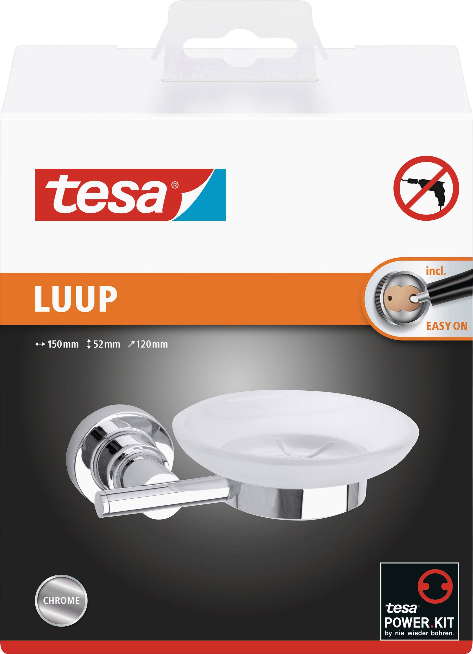Väggtvålkopp LUUP i krom med Tesa-fästsystem, rund, 150 mm bred, inklusive monteringsset, ingen borrning krävs.