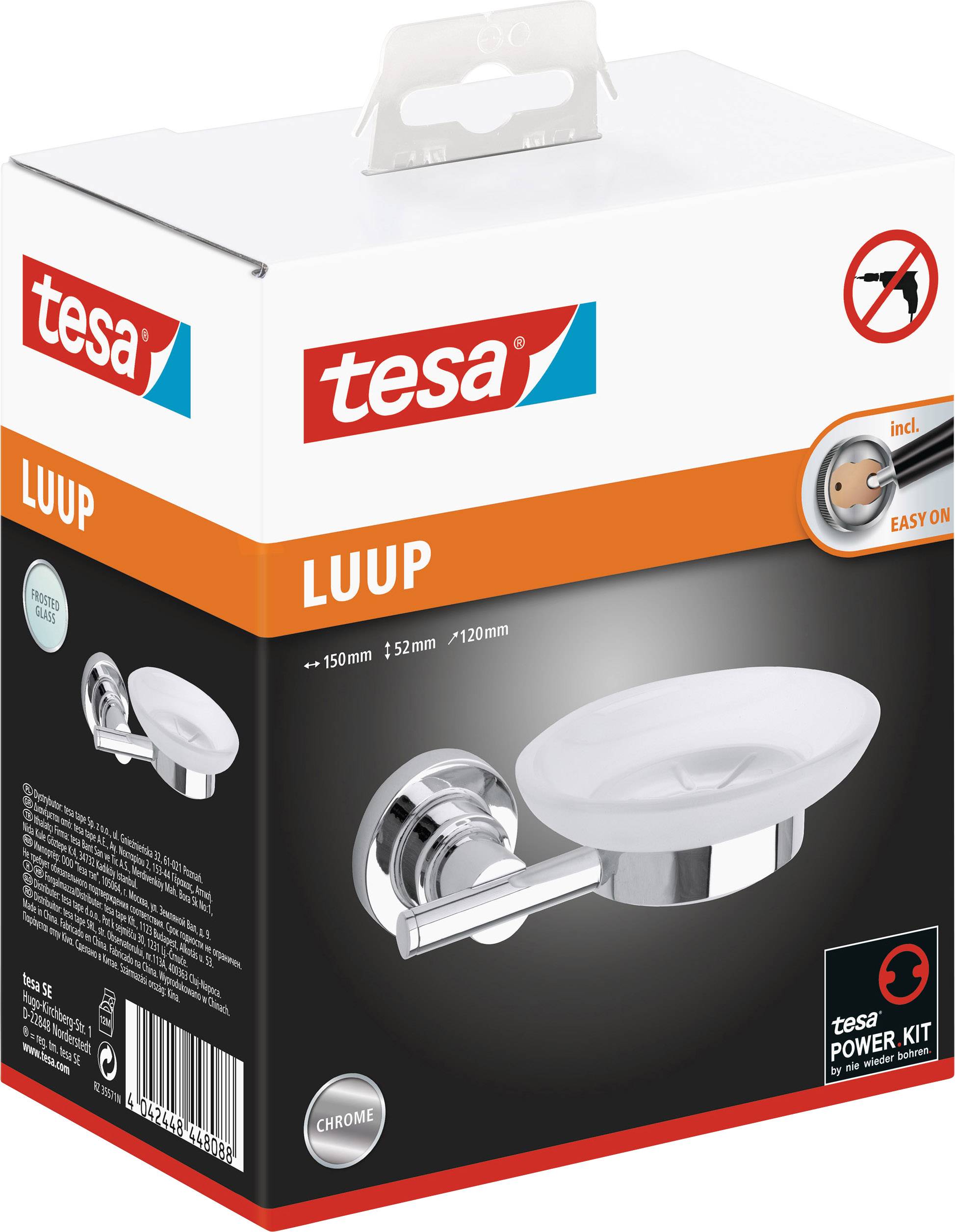 Vägghållare 'tesa LUUP' i krom med integrerad limmängd för enkel montering, avbildad på förpackningen.