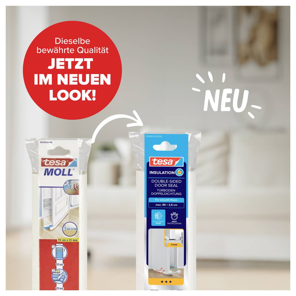 'Ny förpackning för Tesa Insulation: Dubbelsidig dörrtätning, samma beprövade kvalitet, nu i ny design!' Före-efter-jämförelse vänster och höger. Bostadsrum i bakgrunden.