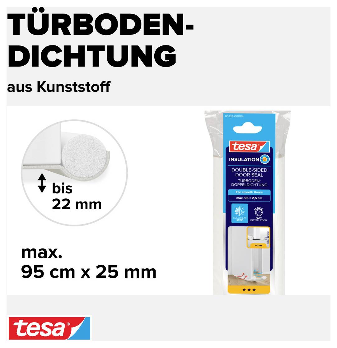 Dörrbottenförsegling av plast, upp till 22 mm, max. 95 cm x 25 mm. Förpackningen visar dubbelsidig dörrbottenförsegling från tesa.