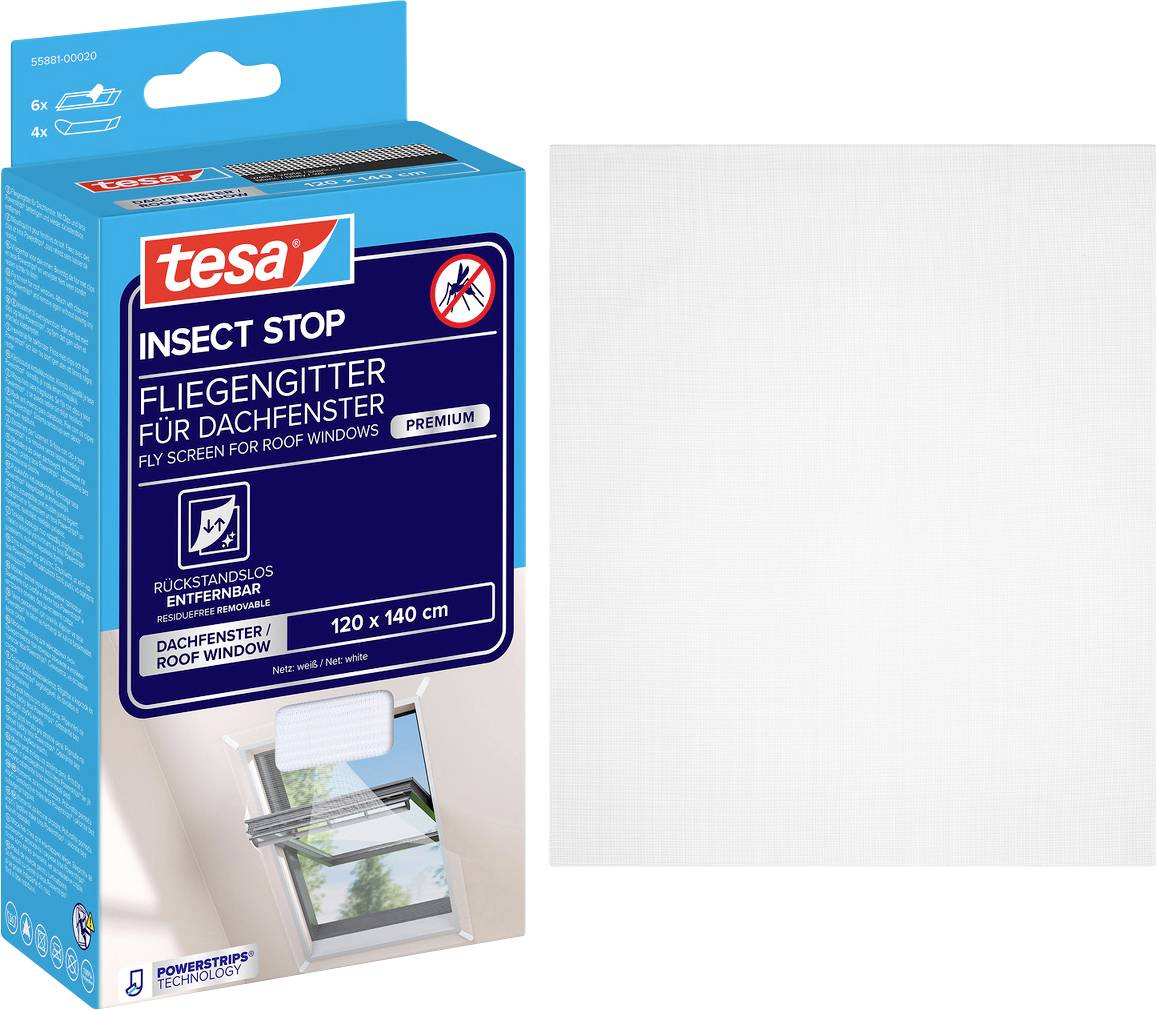 Tesa Insect Stop flugnät för takfönster, 120 x 140 cm, i blå förpackning med en produktbild av ett fönstersnät.