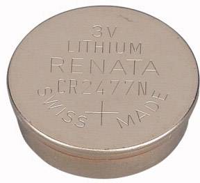 Knappcell med påskrift '3V Lithium Renata CR2477N Swiss Made'.