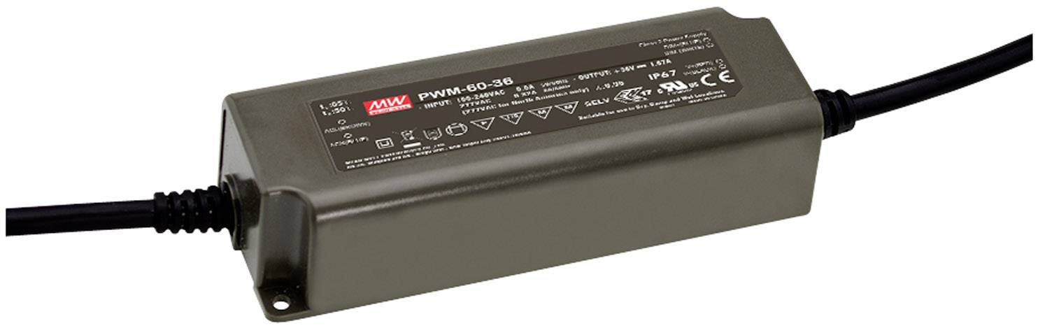 En rektangulär elektronisk enhet märkt 'PWM-60-30'. Den har en kabel på varje sida och används för strömförsörjning.