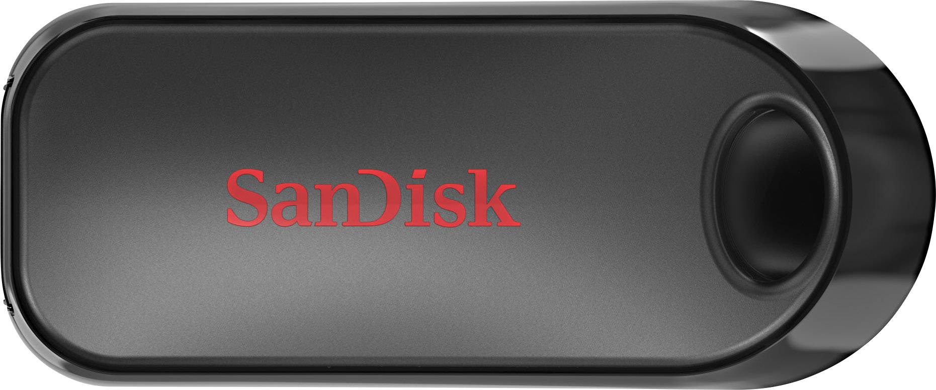 En svart USB-sticka från märket SanDisk. Varumärkets namn syns i röd text på stickan ovanpå.