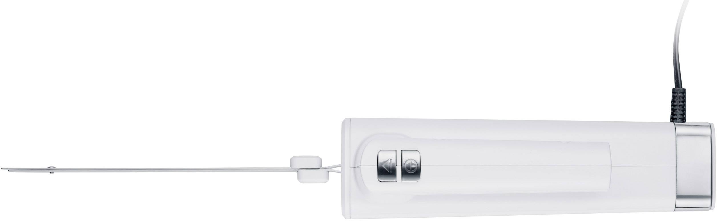 En vit medicinsk apparat med två knappar och ett långt, tunt tillsats som är ansluten till en kabel.