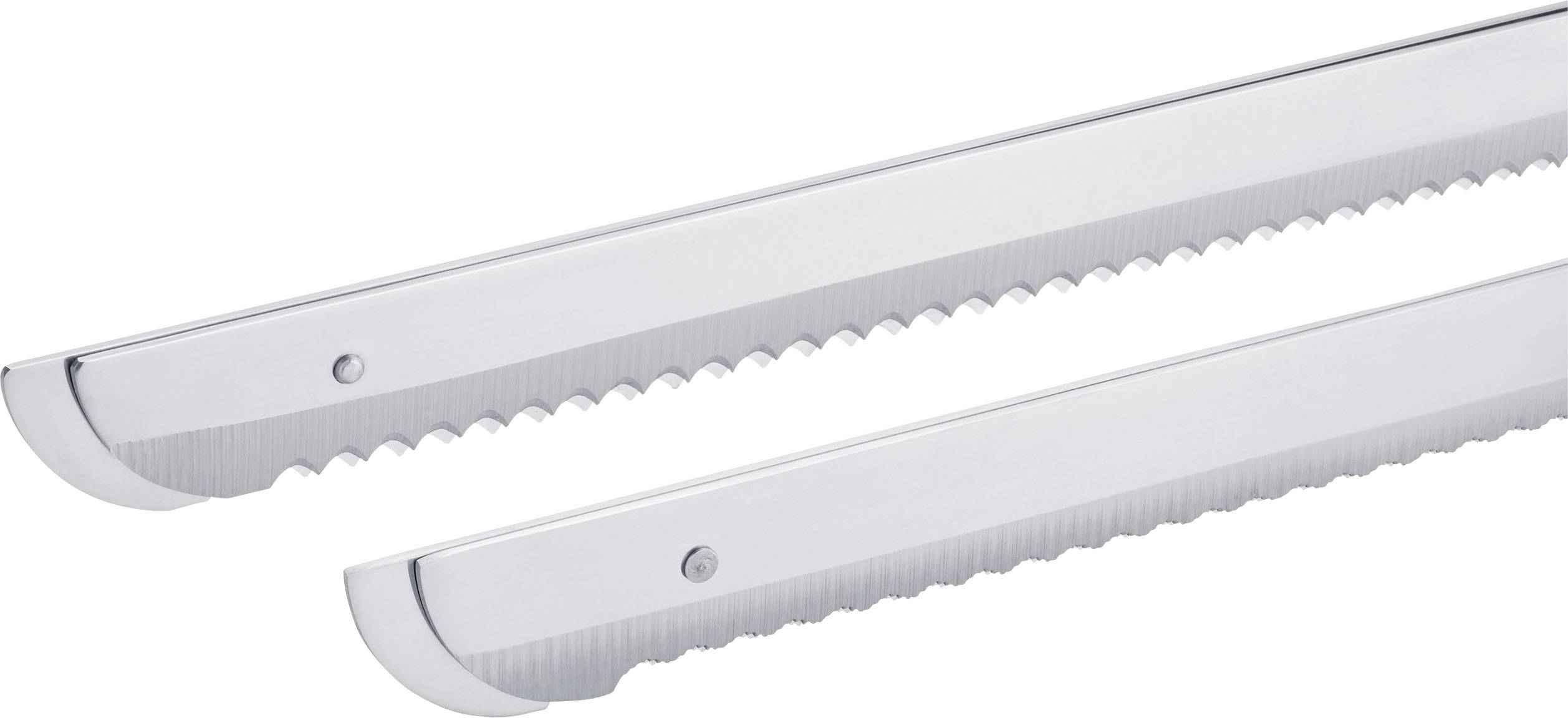 Två sågtandade brödknivar med vassa blad. Idealiska för att skära bröd och bakverk. De har en silvrig glans och är slipade med precision.