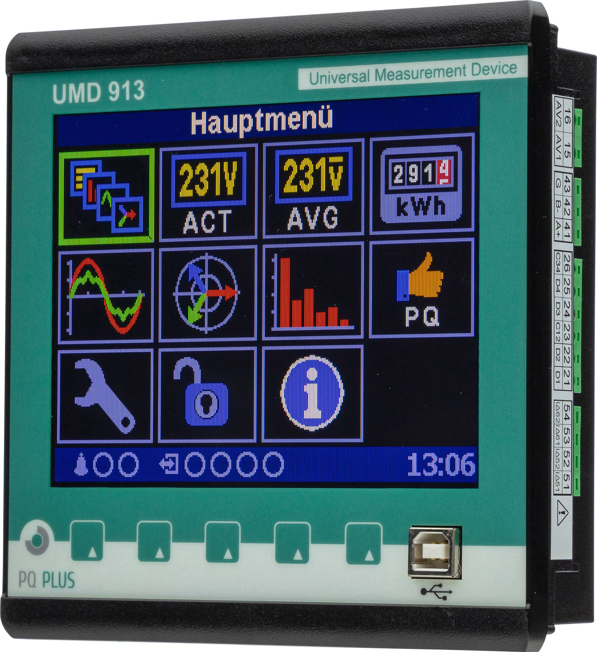 En enhetsdisplay visar huvudmenyn på ett mätinstrument med symboler för strömavläsning, diagram och inställningar, tid: 13:06.