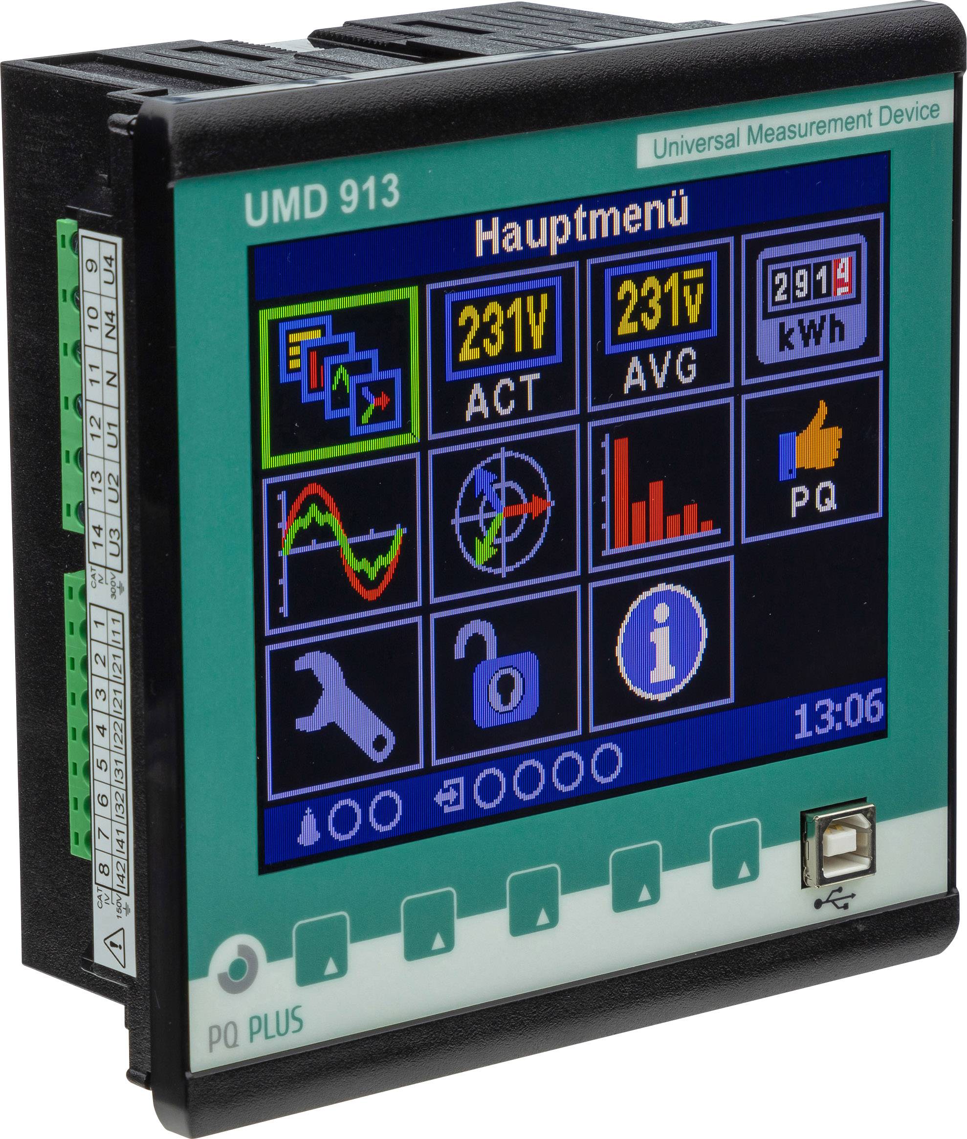Elektronisk mätare med digitalt display visar spänningsvärdet '231V', med olika ikoner för inställningar och information.